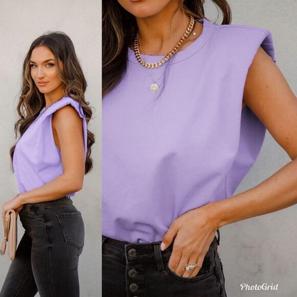 2/$20 Sleeveless Padded Strong Shoulder T-Shirt Crewneck Loose Tank Top Lavender - Picture 1 of 8